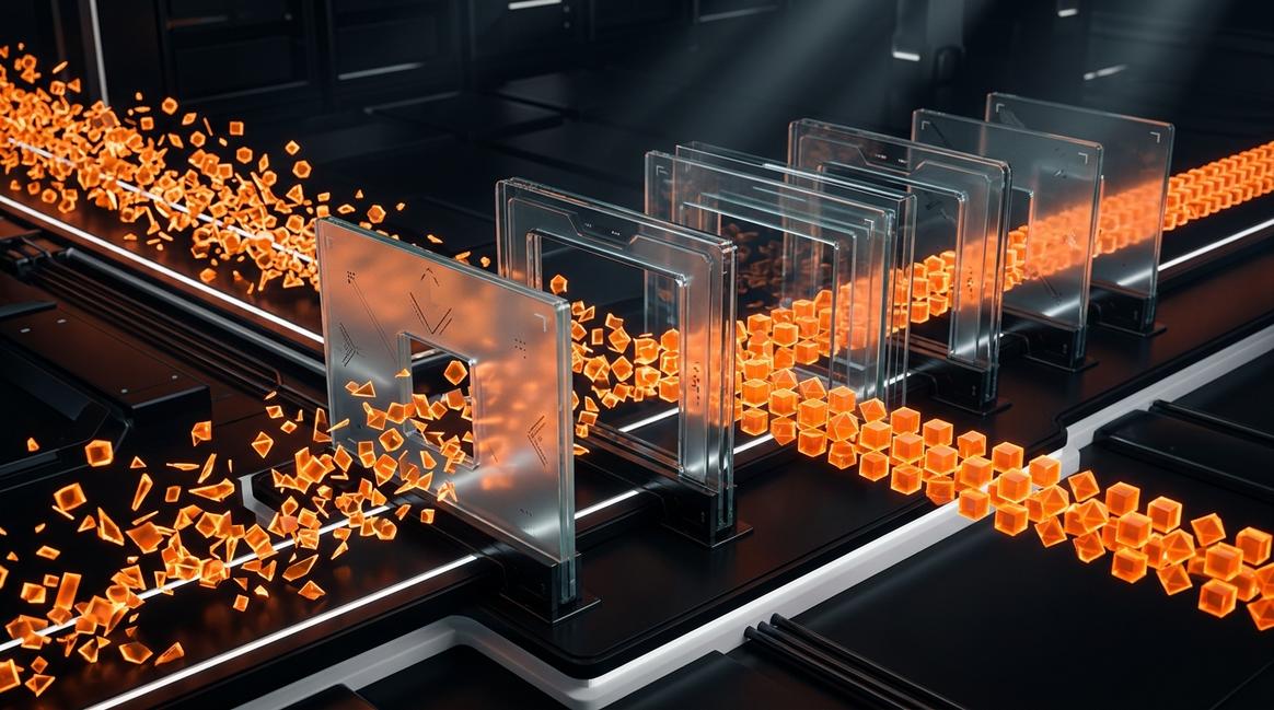 Процесс фильтрации данных через стеклянные барьеры, иллюстрирующий настройку системных ограничений.