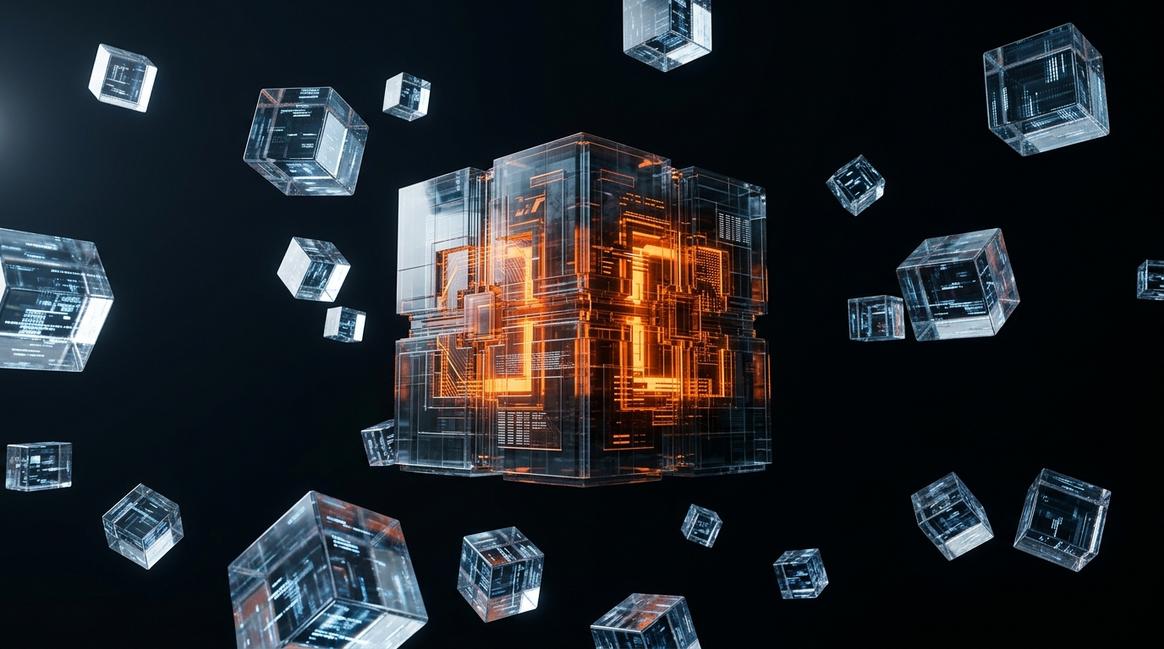 Абстрактная 3D-модель разрозненных данных, символизирующая поверхностное внедрение нейросетей в корпорации.