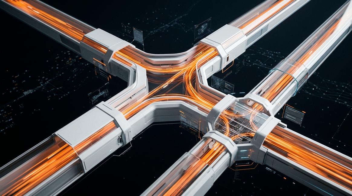 Светящиеся потоки данных в стеклянных каналах, иллюстрирующие как работают корпоративные gpt агенты.