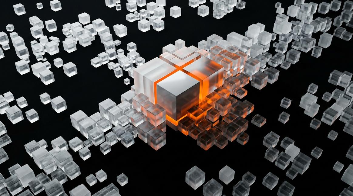 Абстрактная 3D-визуализация, иллюстрирующая как оптимизация операционной деятельности структурирует хаос.