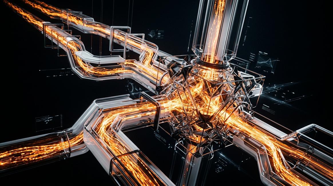 Абстрактная 3D-визуализация потоков данных, символизирующая искусственный интеллект для бизнеса.