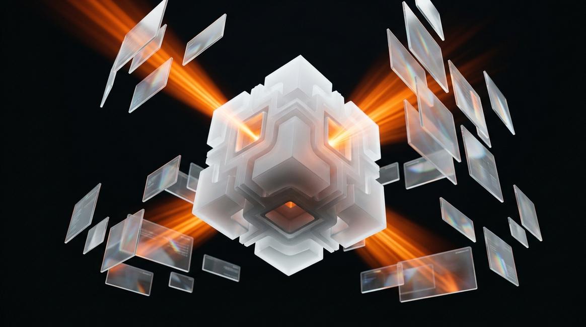 Геометрическое ядро, сортирующее стеклянные панели, иллюстрирующее нейросети в отделе продаж.