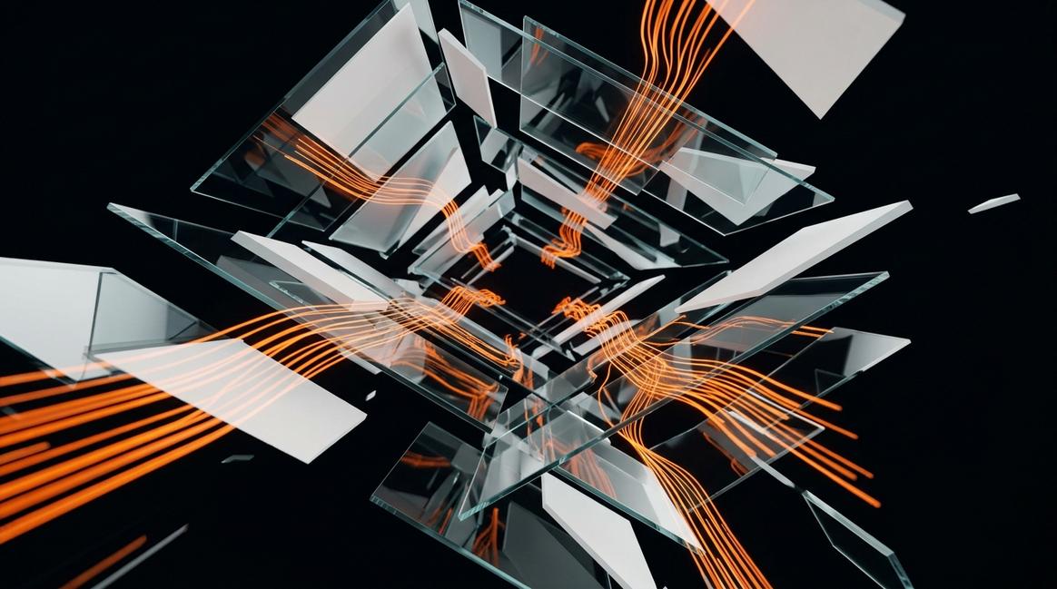 Динамичные стеклянные структуры, символизирующие автономные ai-системы для продаж в процессе работы.