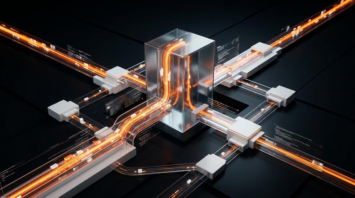 Цифровые сотрудники в виде светящихся узлов обрабатывают корпоративные данные.