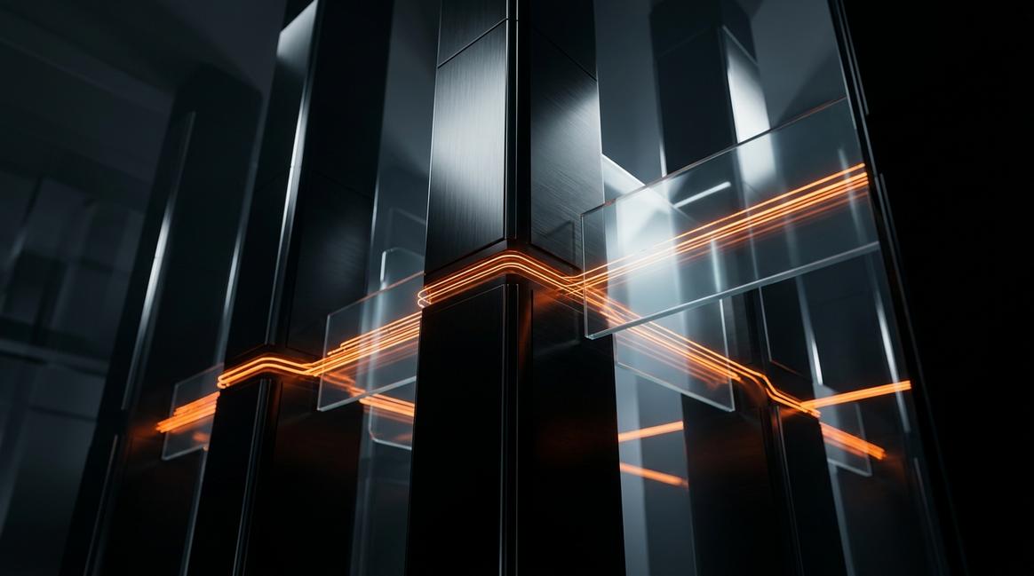 Светящиеся потоки данных, показывающие как происходит системное внедрение искусственного интеллекта.