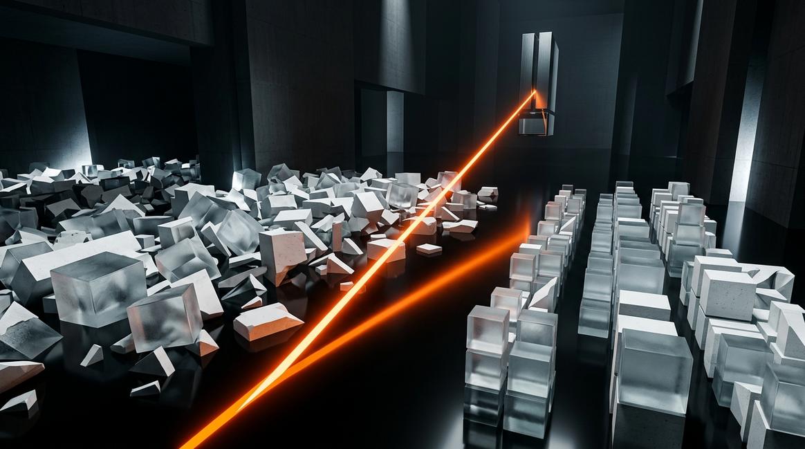 Абстрактная визуализация хаоса данных, символизирующая аудит процессов под искусственный интеллект.