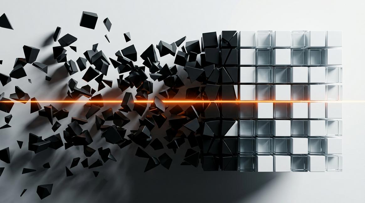 Абстрактная 3D-визуализация, иллюстрирующая внедрение нейросетей в компанию для упорядочивания хаоса.