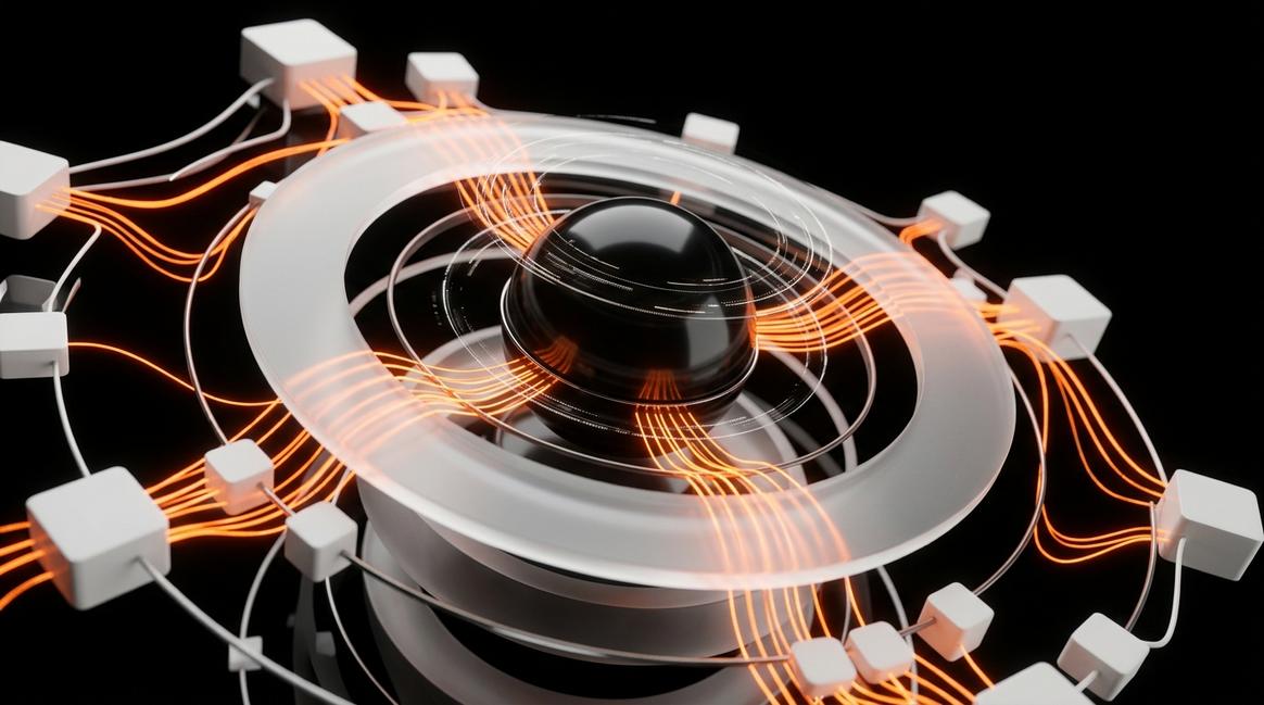 Светящееся ядро и стеклянные узлы, символизирующие ai-агенты вместо чат-ботов.